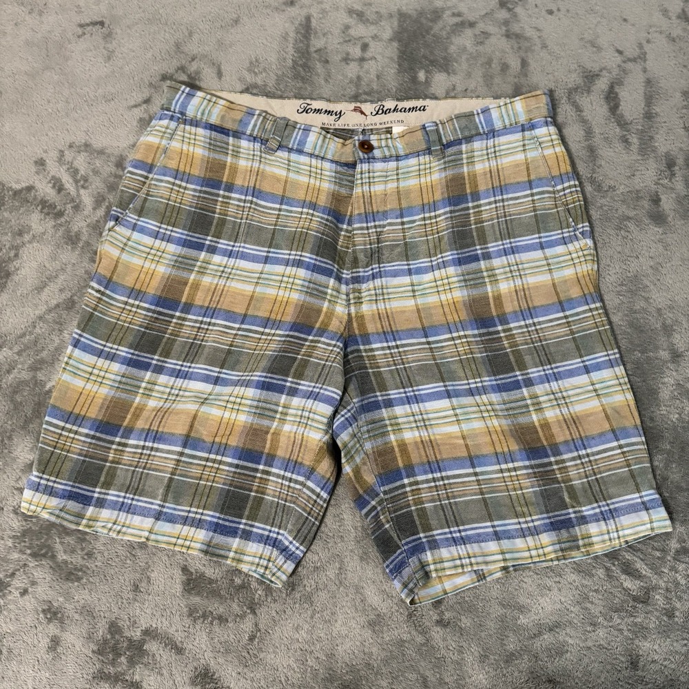 Tommy Bahama Men's 36 Bermuda Short Inseam 10in Tencel/Lenin Plaid Multicolor